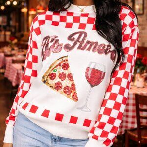 NWT Queen of Sparkles White & Red Checkered “That’s Amore” Pizza & Wine Sweater